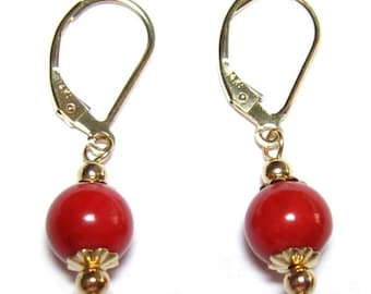 Genuine 8mm Red Coral Bead Lever Back Earrings 14K Yellow Gold Gold Filled or Sterling Silver