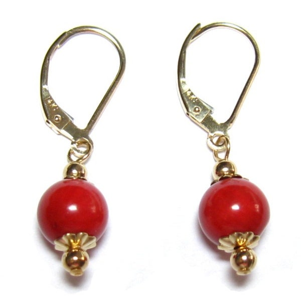 Genuine 8mm Red Coral Bead Lever Back Earrings 14K Yellow Gold Gold Filled or Sterling Silver