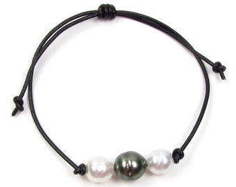 Authentic 8-10mm Tahitian Black Pearl & South Sea White Pearl Genuine Leather Cord Adjustable Bracelet 7"-8"