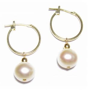 AAA 9-10mm Cultured White Pearl Click Hoop Earrings in 14K Yellow Gold or 925 Sterling Silver