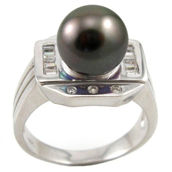 Bague en perle noire de Tahiti de culture authentique de 8,5 à 9 mm en argent sterling