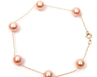 7" or 8" 6-7mm Genuine Pink Pearl 14K Gold Chain Bracelet