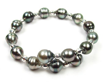 8" Genuiine 9-10mm Tahitian Black Pearl Sterling Silver Flex Bangle Bracelet