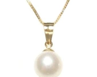 Genuine AAA Japanese Akoya White Pearl 14K Yellow Gold Pendant