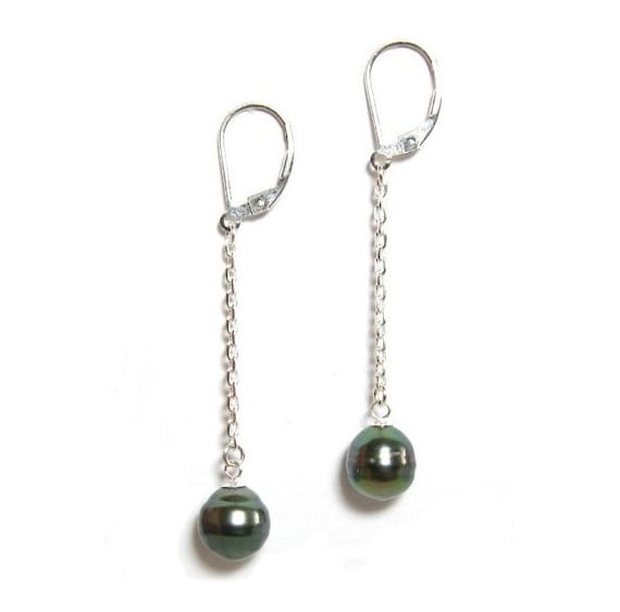 Boucles D'Oreilles En Perles Noires De Tahiti Et Tanzanite - Argent 925 - Neuf Avec étiquettes - Style Dormeuses