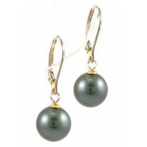 14K Gold 9-10mm Top Quality Round Tahitian Black Pearl Lever Back Earrings PEL0091YTA97