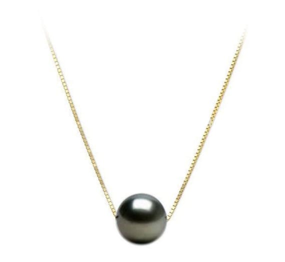 10-11mm Genuine Black Pearl 14K Gold Chain Necklace 16