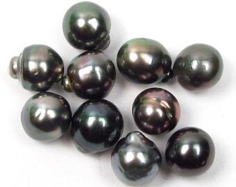 May include: A collection of dark, lustrous pearls with a deep, iridescent sheen. The pearls vary in size and shape, displaying a range of dark green, black, and purple hues. These natural pearls are scattered against a white background.
