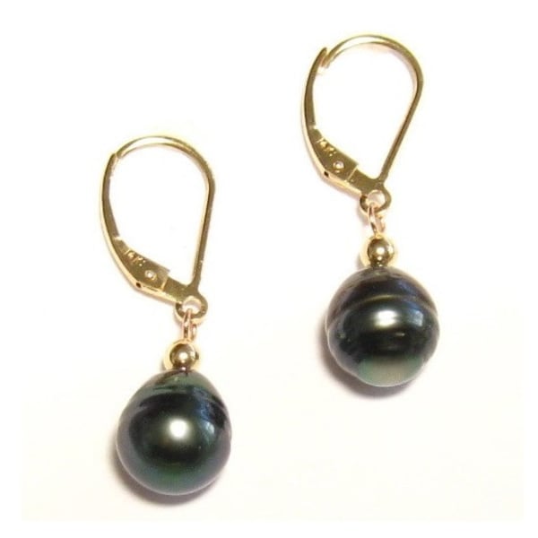 Boucles d'oreilles dormeuses en or jaune ou blanc 14 carats véritable perle noire de Tahiti