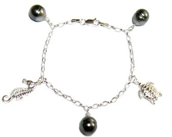 7" Tahitian Black Pearl 925 Silver Chain Bracelet W/ Turtle & Sea Horse Charms