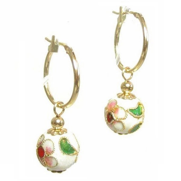 10mm White Cloisonne Click Hoop Earrings in 14K Yellow Gold or Sterling Silver