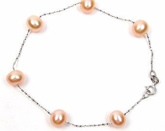 7" 6-7mm Genuine Pink Pearl 14K Gold Chain Bracelet