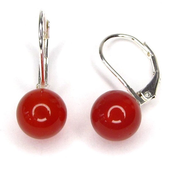 Genuine 8mm Red Jade Bead Lever Back Earrings 14K Yellow Gold or Sterling Silver