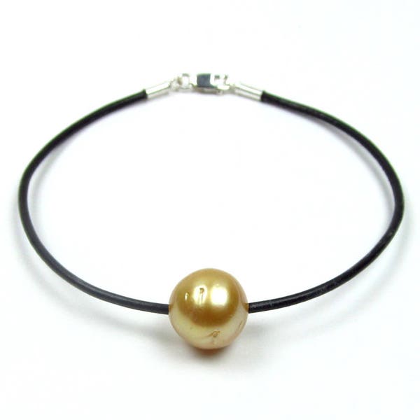 7.5" Australian Golden South Sea Pearl Genuine Leather Cord Bracelet Variable Pearl Sizes