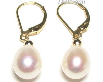 AAA White Drop Pearl 14K Yellow or 14K White Gold Lever Back Earrings