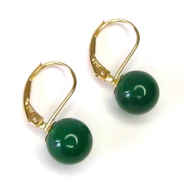 Orecchini a leva con perline di giada verde scuro autentici da 8 mm in oro 14 carati o argento sterling