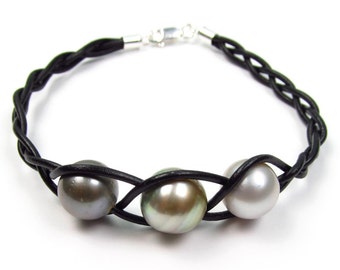 11-12mm Multi-color Tahitian Pearl Braided Genuine Leather Cord Bracelet