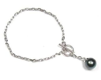 Pulseira de corrente de pérolas negras do Taiti de 7" em prata esterlina de 10-11 mm BPB086STA