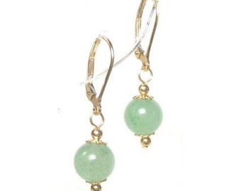 Genuine 8mm Natural Green Jade Bead Lever Back Earrings in 14K Gold, Gold Filled or Sterling Silver