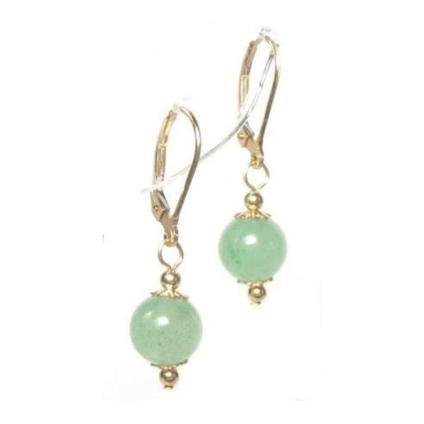 Genuine 8mm Natural Green Jade Bead Lever Back Earrings in 14K Gold, Gold Filled or Sterling Silver