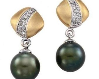 14K Two Tone Gold 10-11mm Tahitian Black Pearl Post Earrings 0.1ctw Diamonds