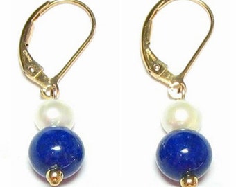White Pearl & Lapis Bead Lever Back Earrings 14K Yellow Gold Gold Filled or Sterling Silver
