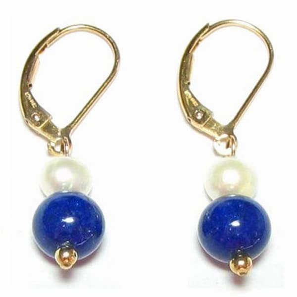 White Pearl & Lapis Bead Lever Back Earrings 14K Yellow Gold Gold Filled or Sterling Silver