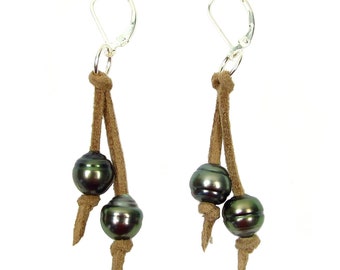 Tahitian Black Pearl 925 Silver Lever Back Double Dangle Earrings Brown Suede