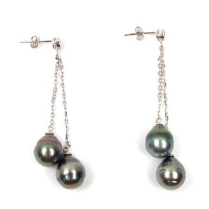9-10mm Tahitian Black Pearl Sterling Silver Double Dangle Chain Post Earrings