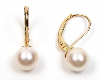 14K Gold 7.5-8mm Akoya White Pearl  Lever Back Earrings