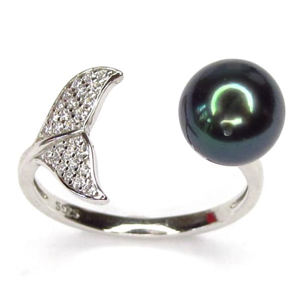 Authentic 8mm Tahitian Black Pearl Whale Tail Style Ring in 925 Sterling Silver