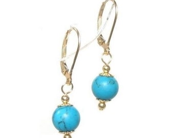 Genuine 8mm Turquoise Bead Lever Back Earrings 14K Yellow Gold Gold Filled or Sterling Silver