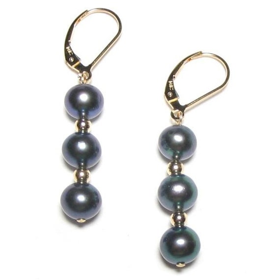 Triple Genuine 6-7mm Black Pearl Lever Back Earrings in 14K Yellow Gold, Gold Filled or 925 Silver