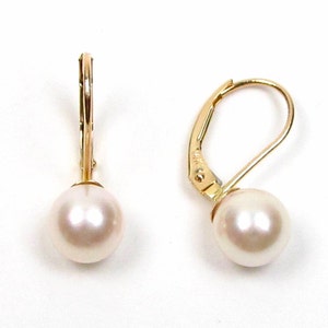 14K Gold 7-7.5mm AAA Akoya White Pearl Lever Back Earrings