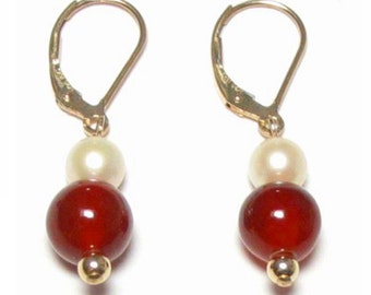 White Pearl & Red Jade Lever Back Earrings 14K Yellow Gold Gold Filled or Sterling Silver