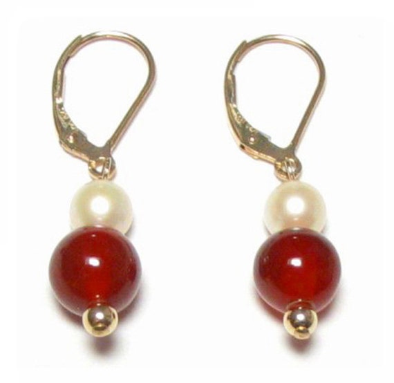 Orecchini A Leva Placcati Oro Con Corniola Rossa E Perle Naturali Bianche - Golden Heaven - Foto 3