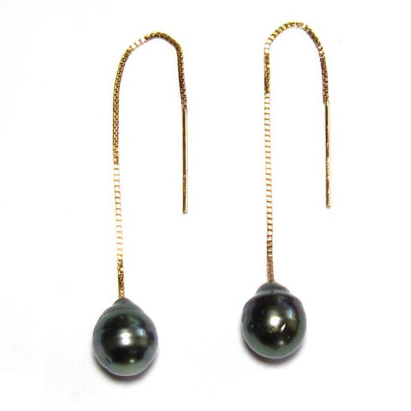 Authentic Baroque Tahitian Black Pearl Dangle Earring Threads in 14K Gold, Gold Filled or 925 Silver