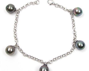 7" 9-10mm Tahitian Black Pearl 925 Sterling Silver Chain Drop Dangle Bracelet