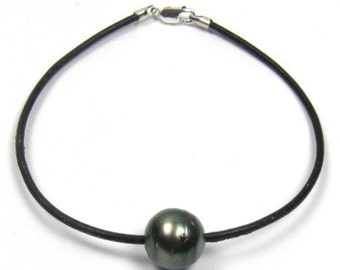 Authentic Tahitian Black Pearl Genuine Leather Cord Bracelet