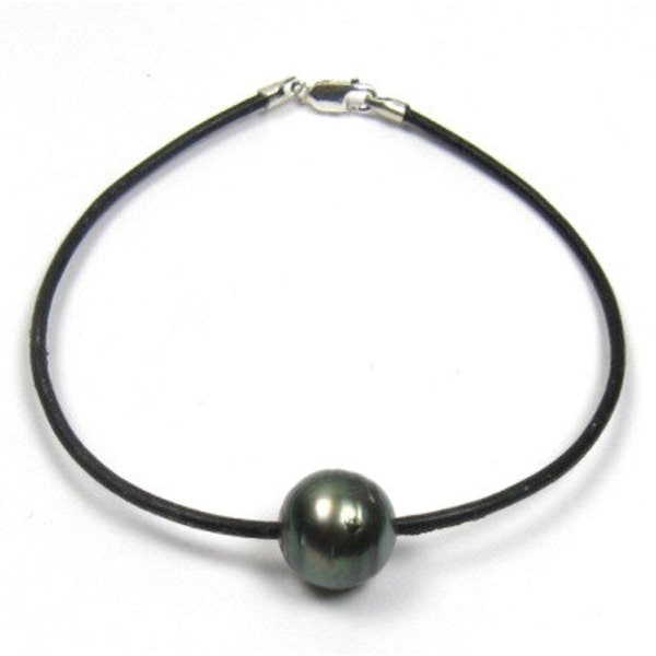 Authentique Tahitian Black Pearl Bracelet Cordon en Cuir Véritable