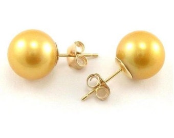 8.5-9mm AAA Genuine Golden Pearl Earring Studs in 14K Gold PES0300YGD9