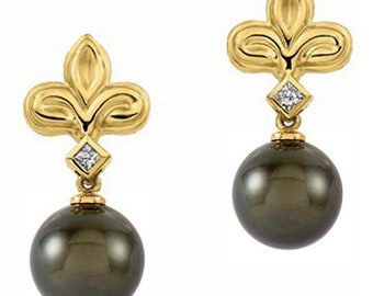 10-11mm Tahitian Black Pearl Earrings With 1/6ctw Genuine Diamonds in 18K Yellow Gold