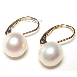 9-10mm AAA White Pearl 14K Yellow or 14K White Gold Lever Back Earrings