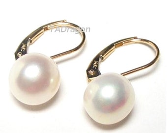 10-11mm AAA White Pearl 14K Yellow or 14K White Gold Lever Back Earrings