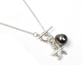 Collar de plata 925 con auténtica perla negra de Tahití y dije de estrella de mar