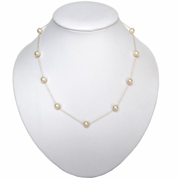 16", 18" or 20" 6-7mm Genuine White Cultured White Pearl 14K Gold Chain Tin Cup Necklace