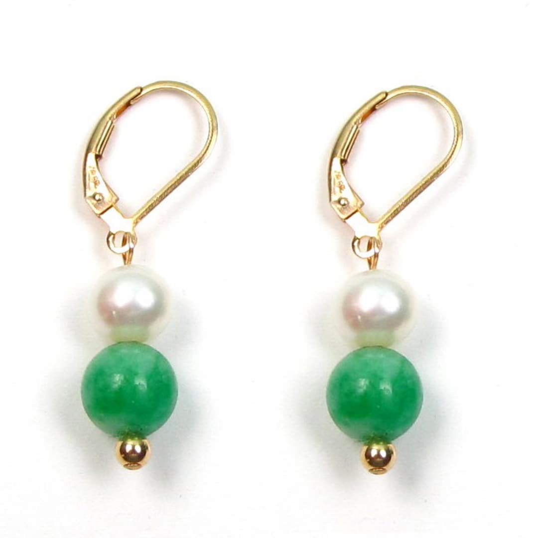 Boucles D'oreilles Doré Jade Vert Perle Blanche - Style Victorien - Neuf