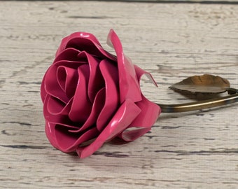 Personalized Gift Hand-Forged Wrought Iron Pink Metal Rose