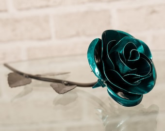 Personalized Gift Hand-Forged Wrought Iron Emerald Green Metal Rose