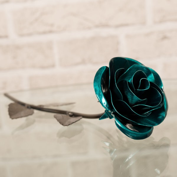 Personalized Gift Hand-Forged Wrought Iron Emerald Green Metal Rose